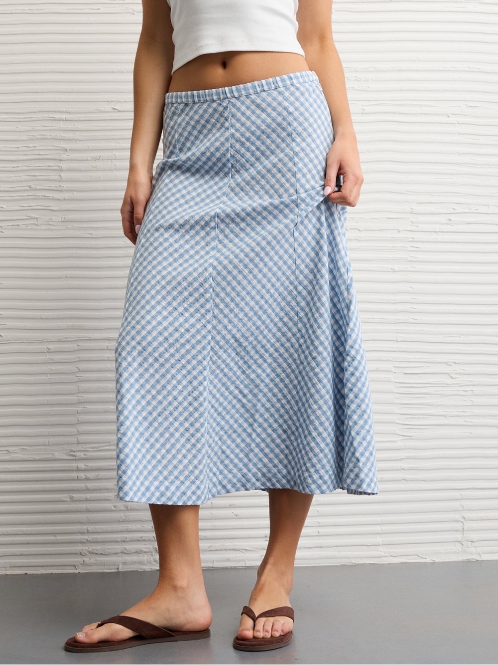 American Eagle Light Blue Gingham A-Line Midi Skirt
